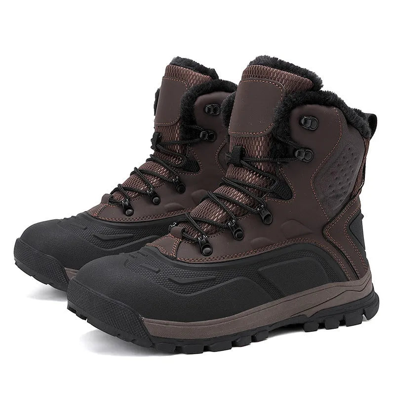Men's black high-top lace-up boots with fleece lining, shown on a flat heel with a ribbed TPR outsole.
