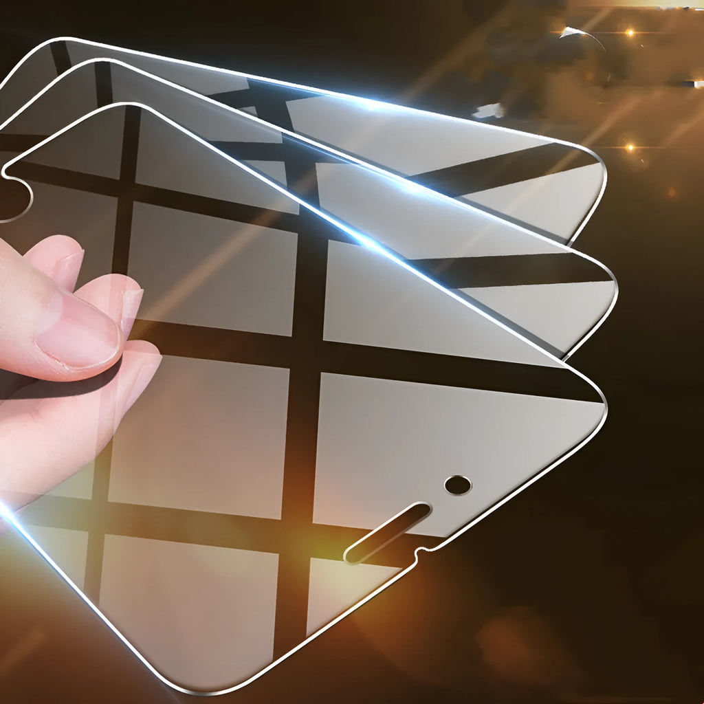 Transparent tempered glass screen protector for iPhone showing anti-fingerprint surface.