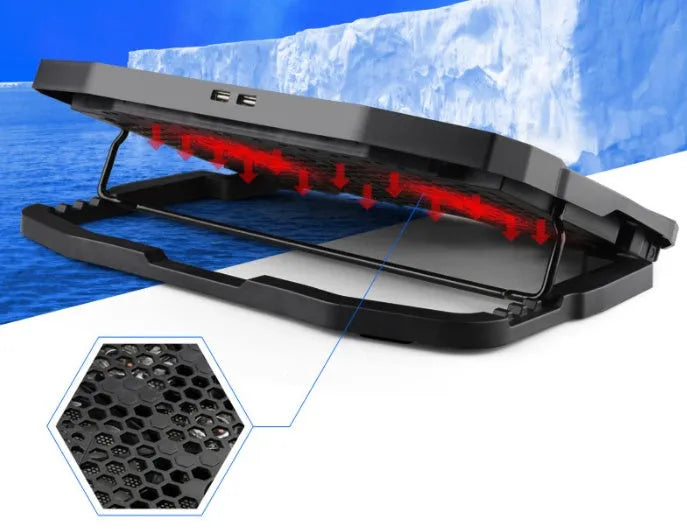 Black laptop cooling stand with copper heat sink plate, four heat pipes, and S18 variable speed fan