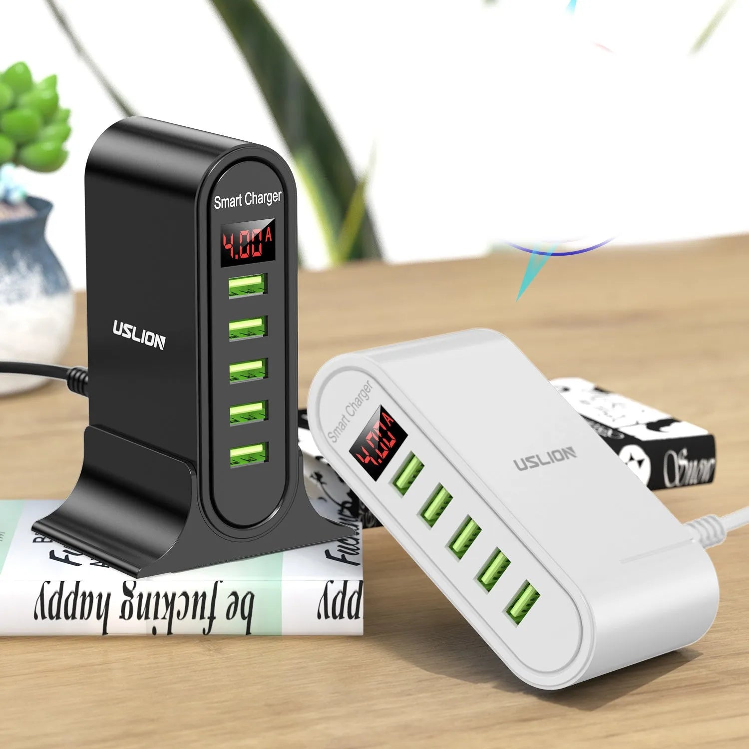 Black and white smart LED digital display USB chargers with EU, UK, and US plug styles