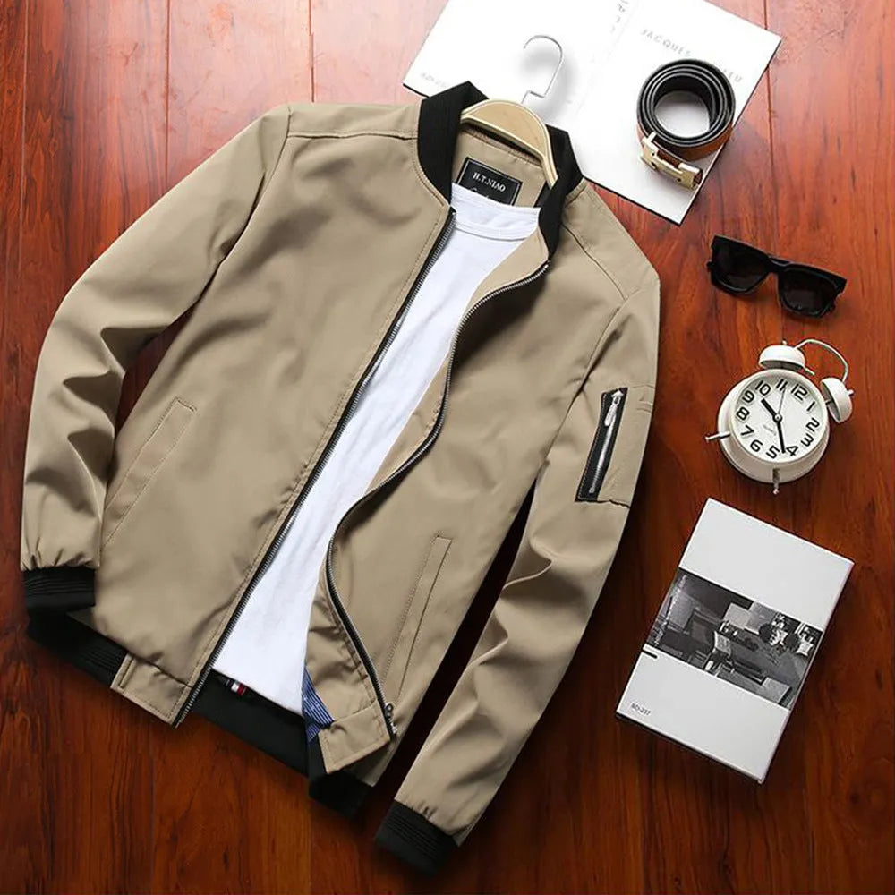 Men's slim-fit casual baseball jacket with zipper and ribbed cuffs in a solid colour.