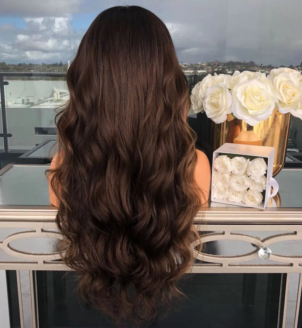 Long brown wig with high temperature wire hairline on a mannequin head