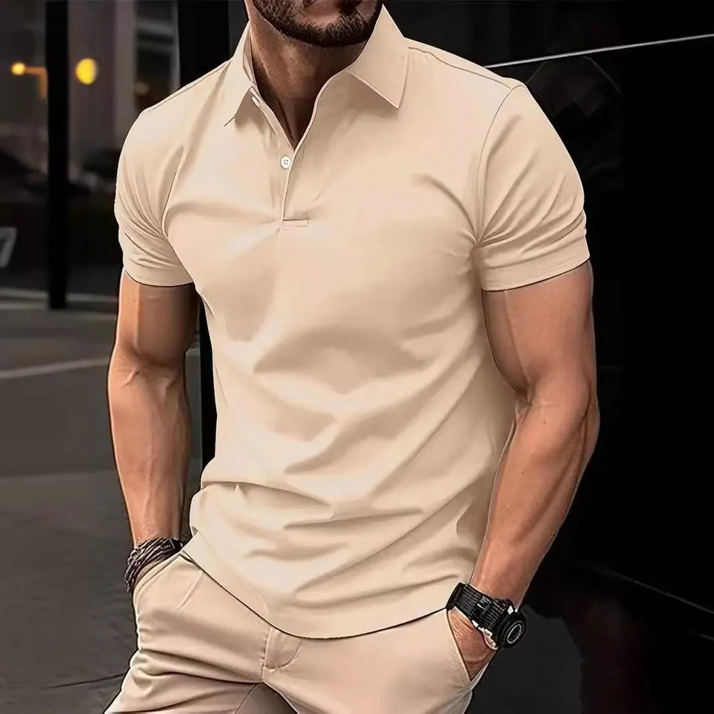Men's solid colour slim fit short sleeve shirt in cotton mixed fabric on a hanger.