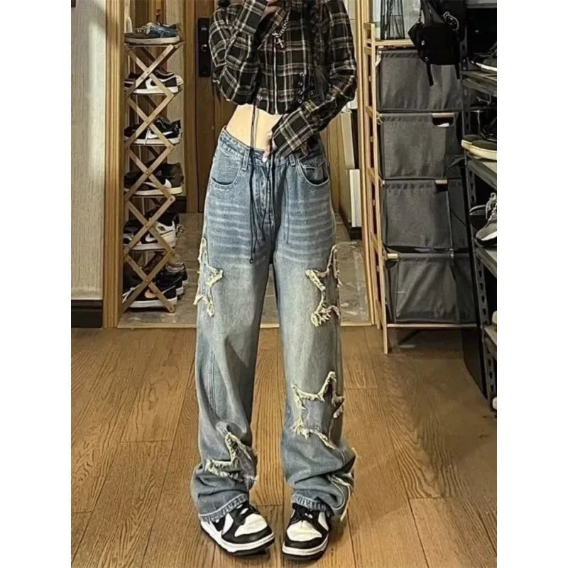 Blue high-waisted women's jeans with wide-leg straight cut in cotton denim fabric