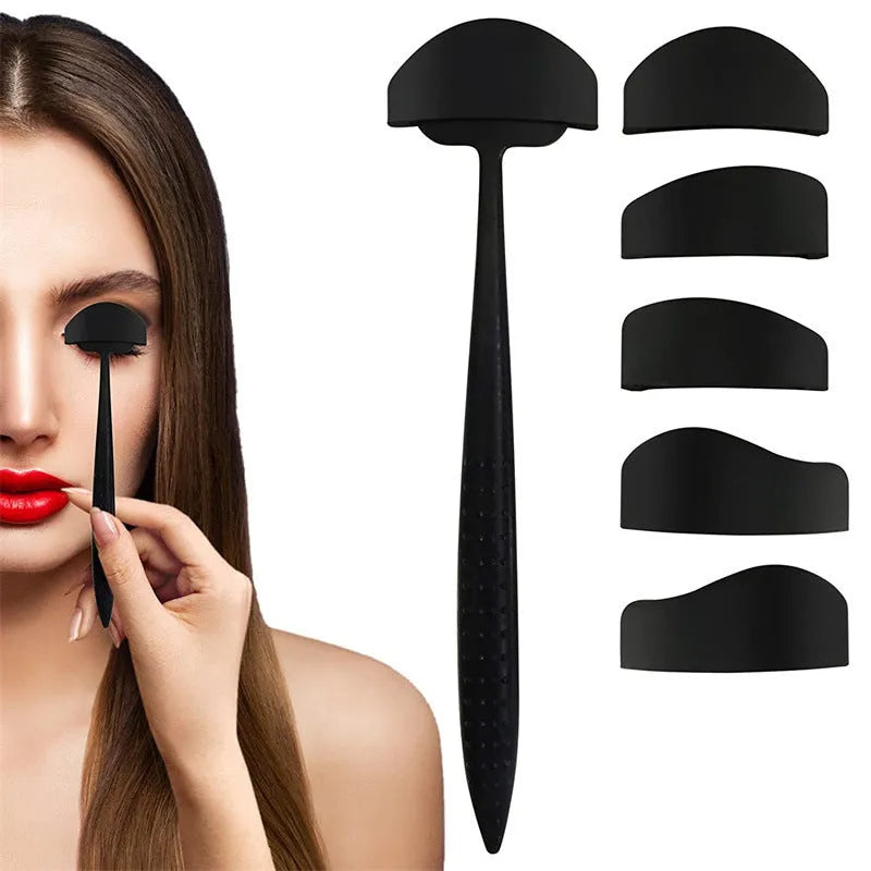 Black ABS eye shadow fixer shaper tool with compact packaging on white background