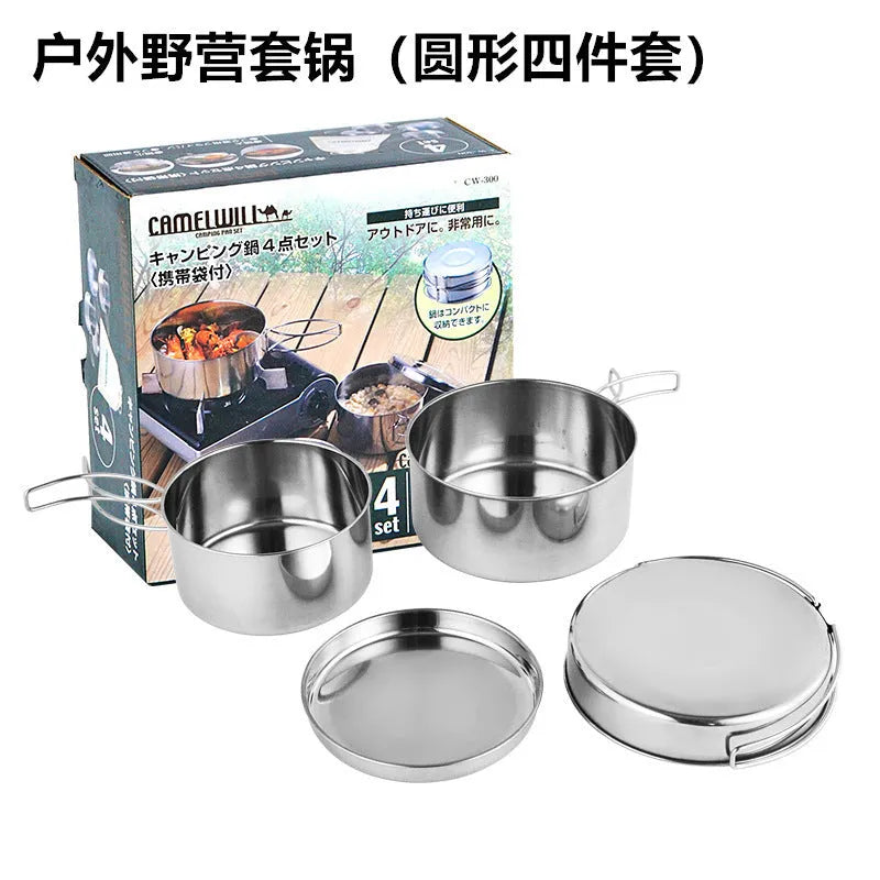 Silver stainless steel round camping cookware set with four pieces for outdoor use