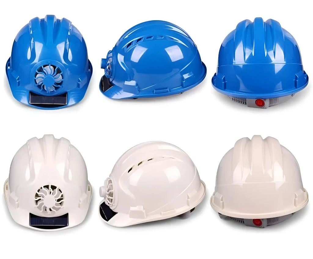 Construction sun protection sunshade helmet with solar fan in blue PE material for outdoor workers