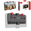Black mobile gaming trigger stand with adjustable telescopic phone clip and sliding trigger button.