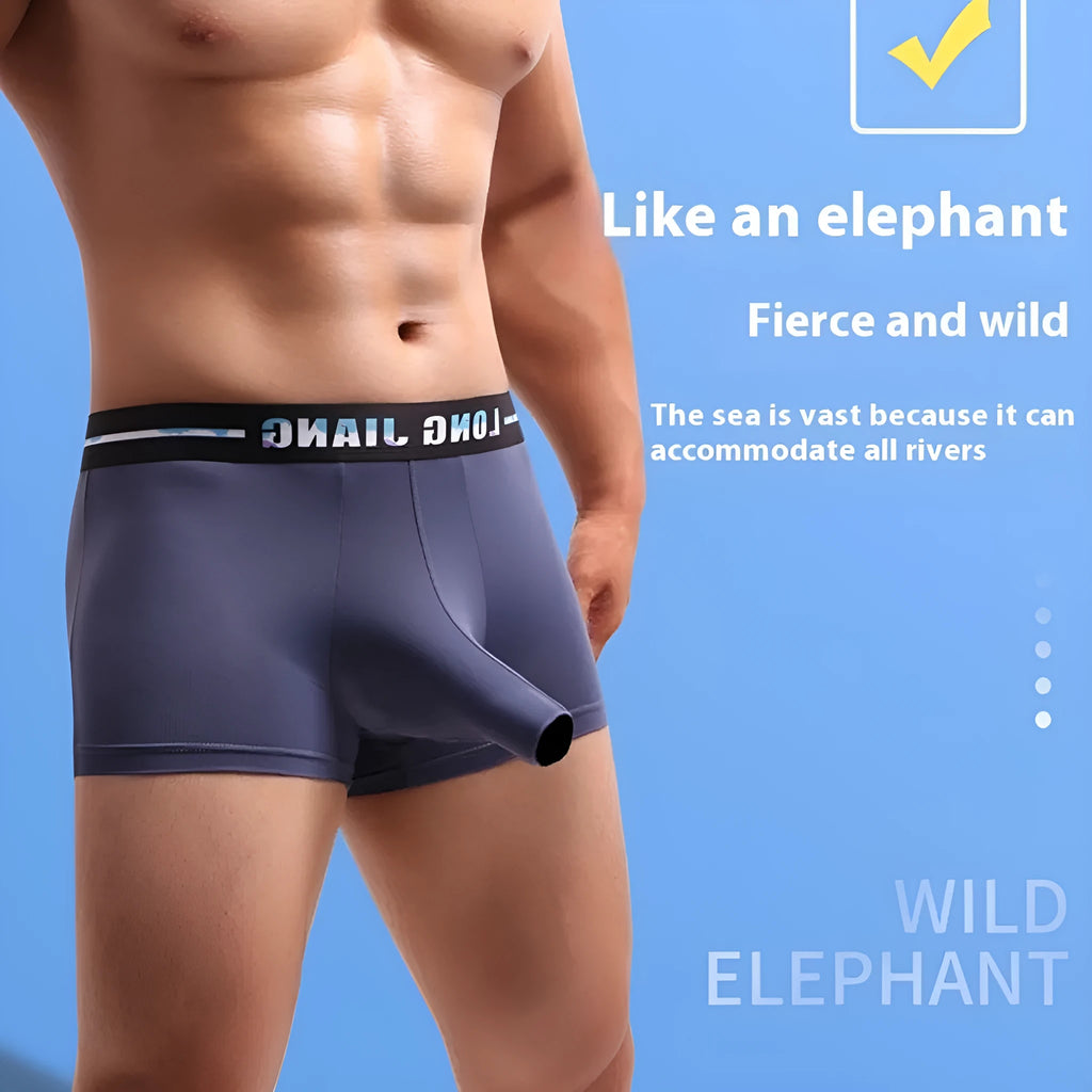 Men's ice silk trunk open boxer shorts on a mid waist, shown in multiple solid colours.