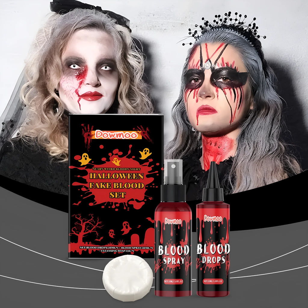 Washable fake blood 3-piece set showing plasma drops bottle, plasma spray, and surface soap for horror special effects