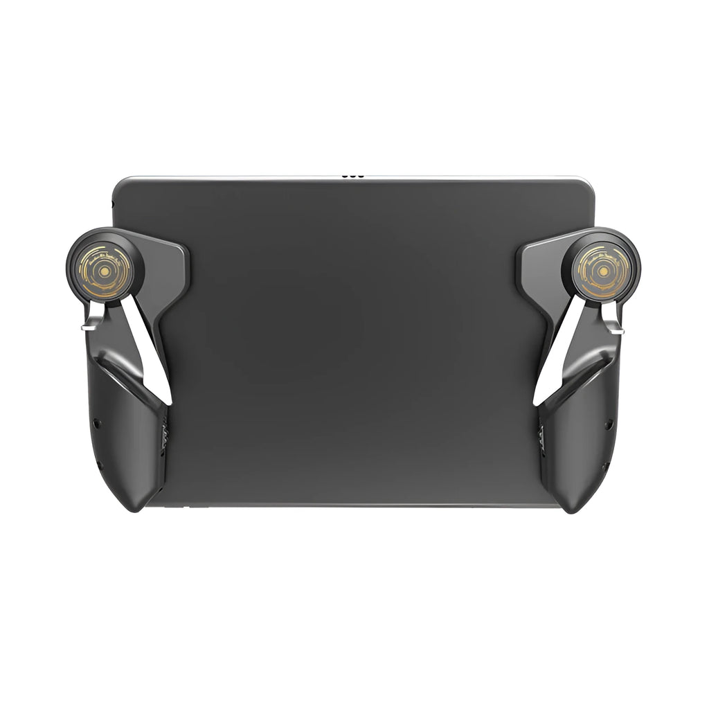 Black six-finger mobile game controller attached to an iPad tablet for PUBG gaming