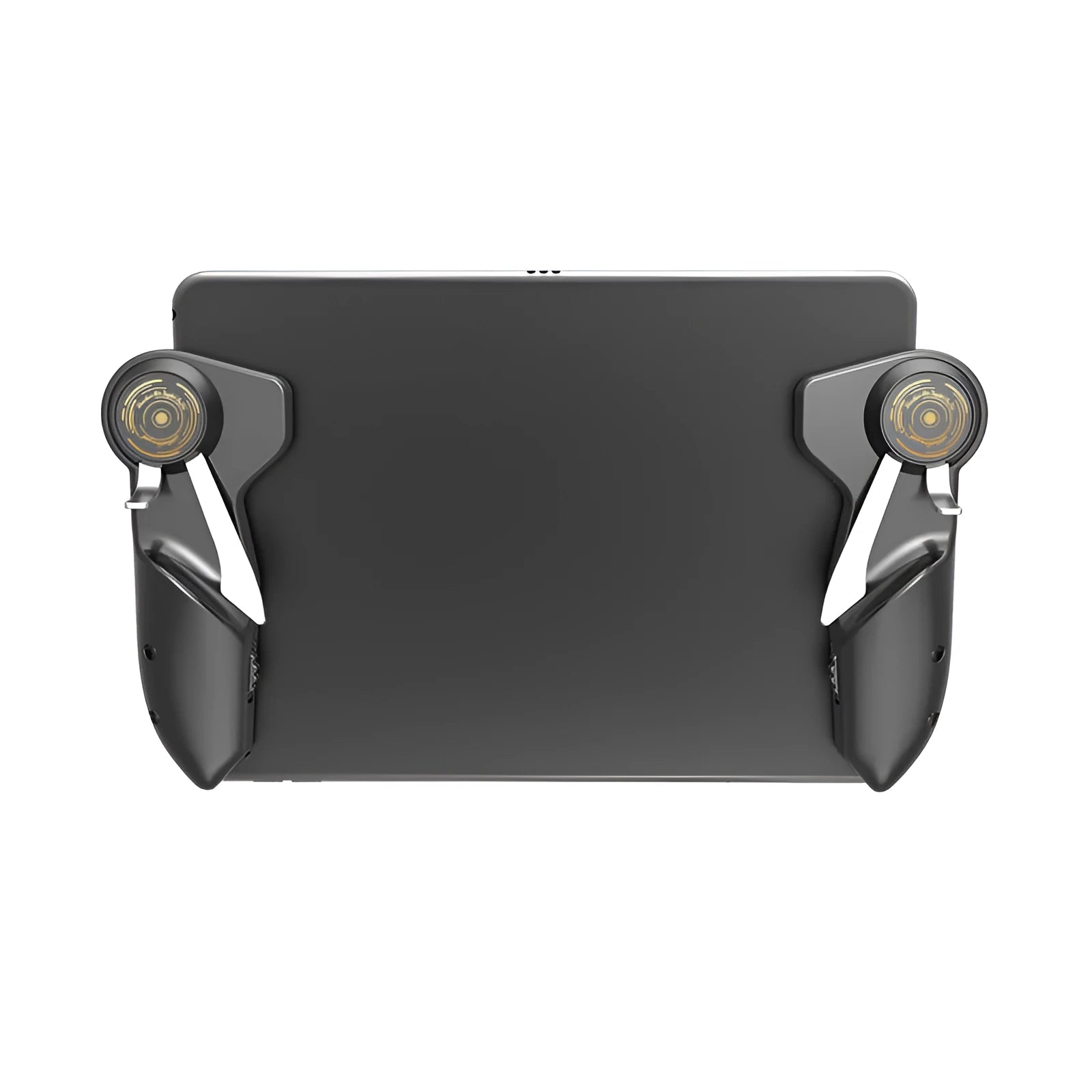 Black six-finger mobile game controller attached to an iPad tablet for PUBG gaming