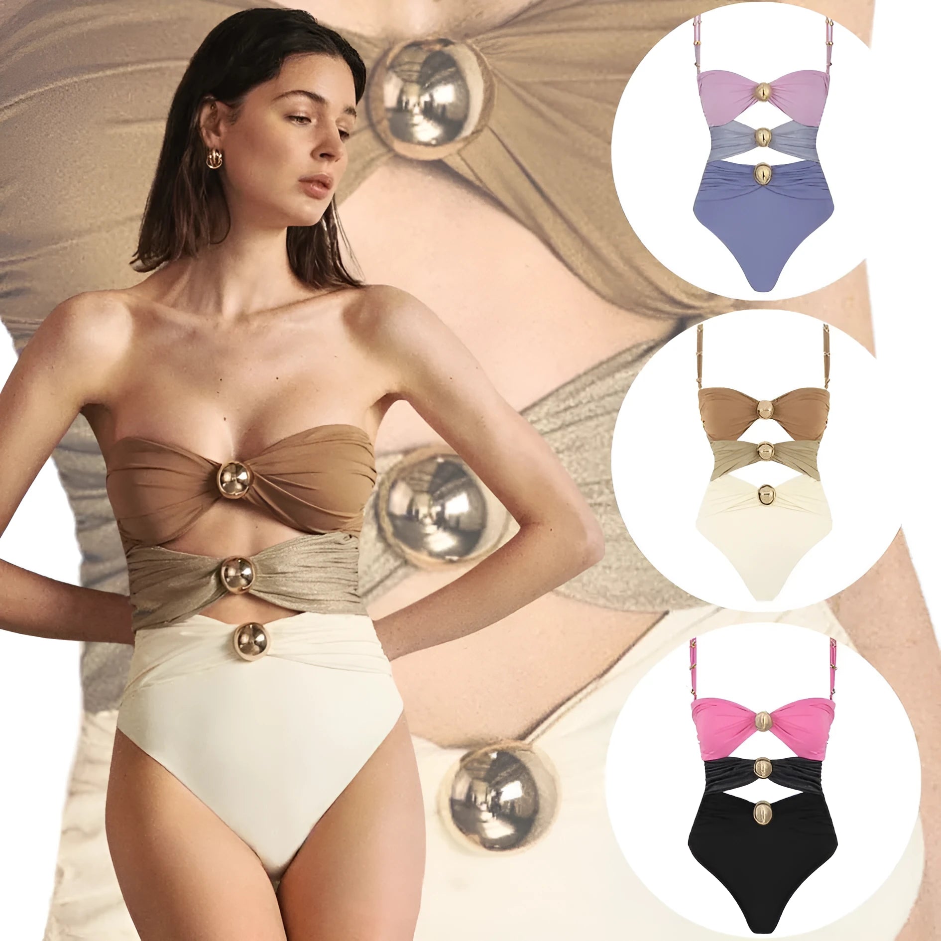 Women's sleeveless one-piece swimsuit with hollow out stitching and round buckle decoration in green.