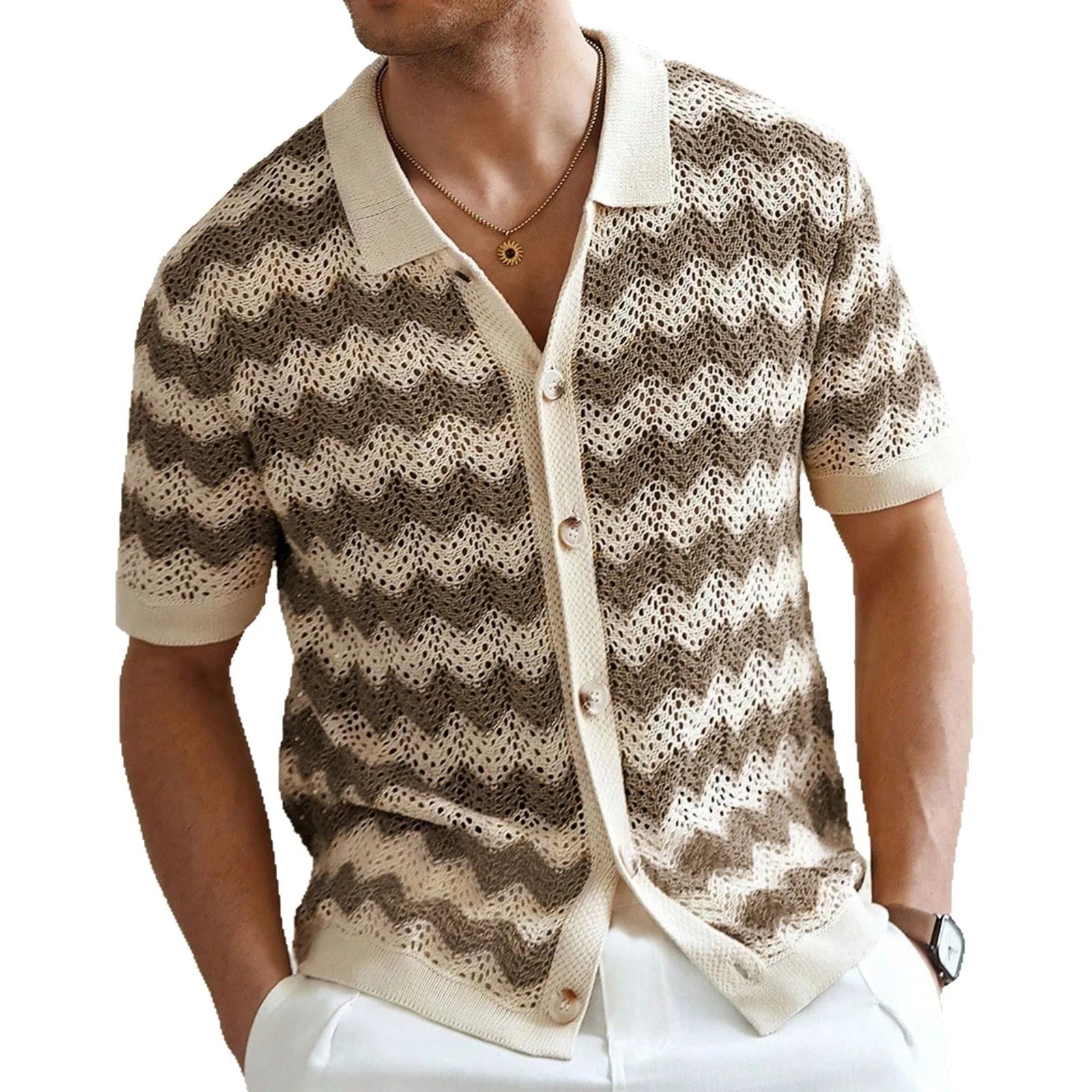 Men's blue short sleeve corrugated sweater with jacquard flocked texture on a hanger.