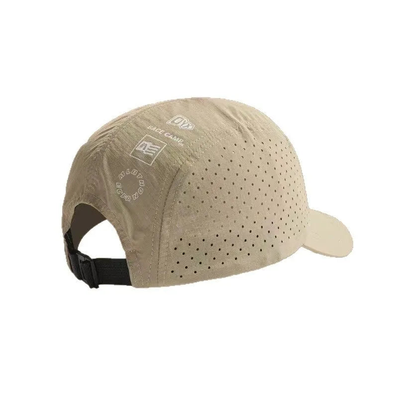 Men's adjustable mesh baseball cap in khaki colour showing breathable fabric texture
