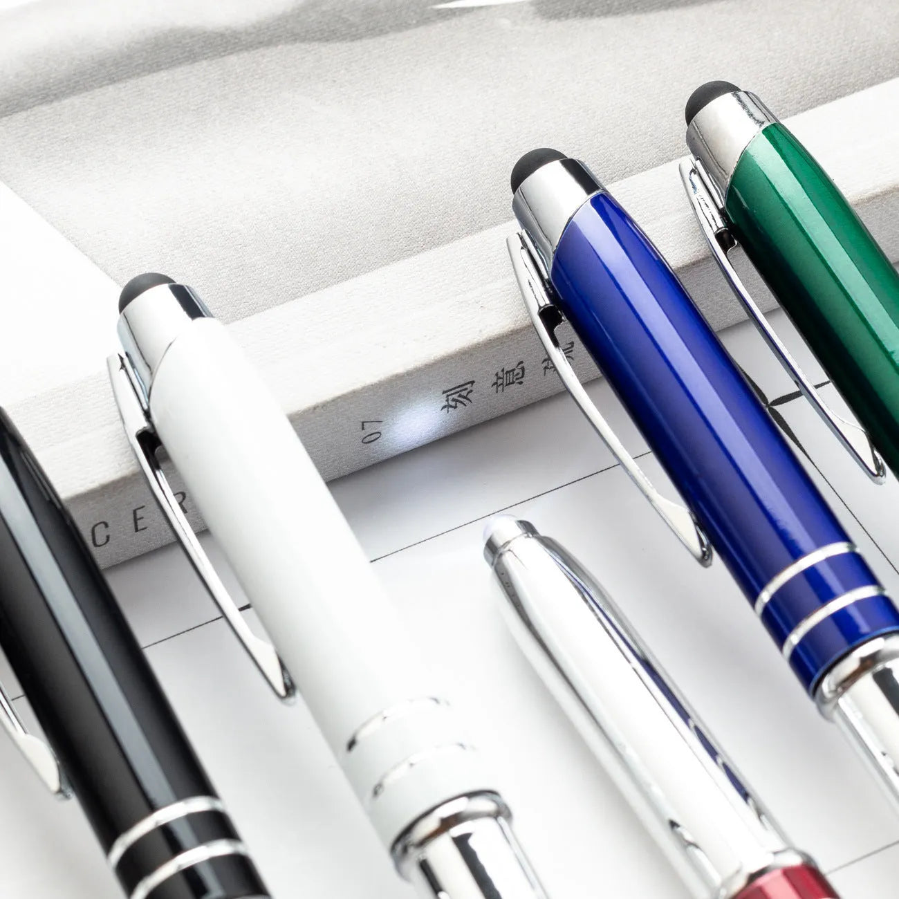 Metal touch screen stylus ballpoint pen with LED light in red, black, white, green, and blue colour options