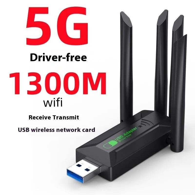 Black USB network transmitter with four extended antennas for wireless signal coverage