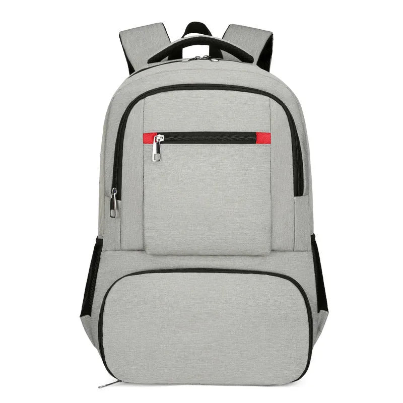 Light grey Oxford cloth insulated backpack with curved shoulder straps and a pull rod belt attached.