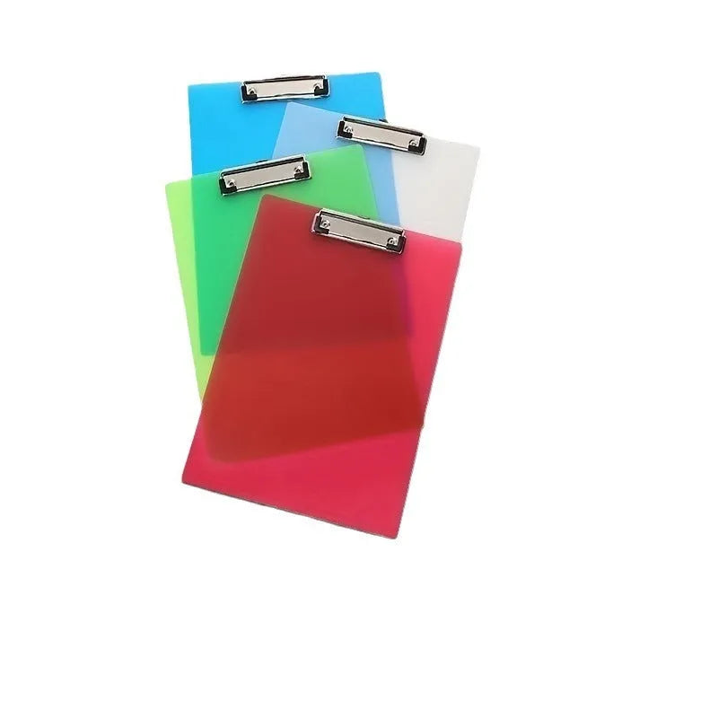 A4 transparent polypropylene clipboard with metal clip, shown in blue, holding paper.