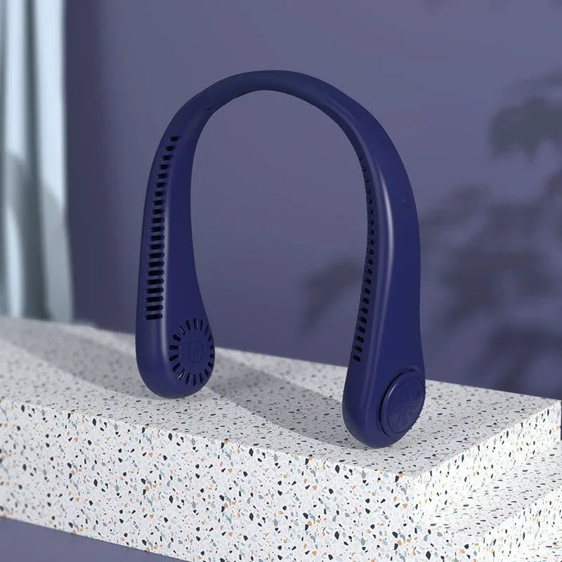 White portable bladeless neck fan worn around the neck with a USB charging cable.