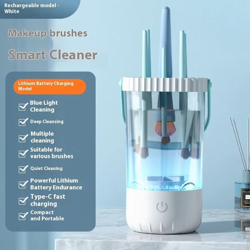 White rechargeable electric makeup brush cleaner with rotating head and USB cable