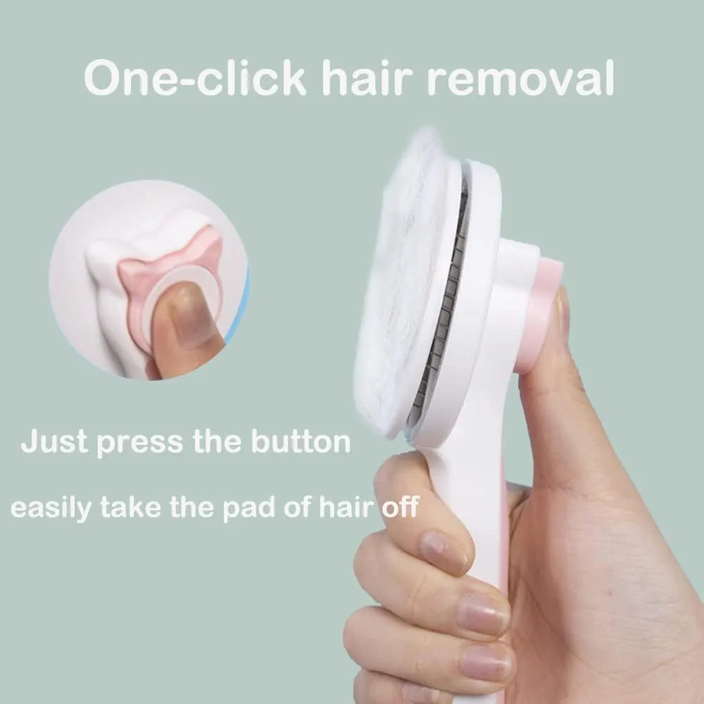 Self-cleaning pet brush with rubber handle and massage needles for cats and dogs