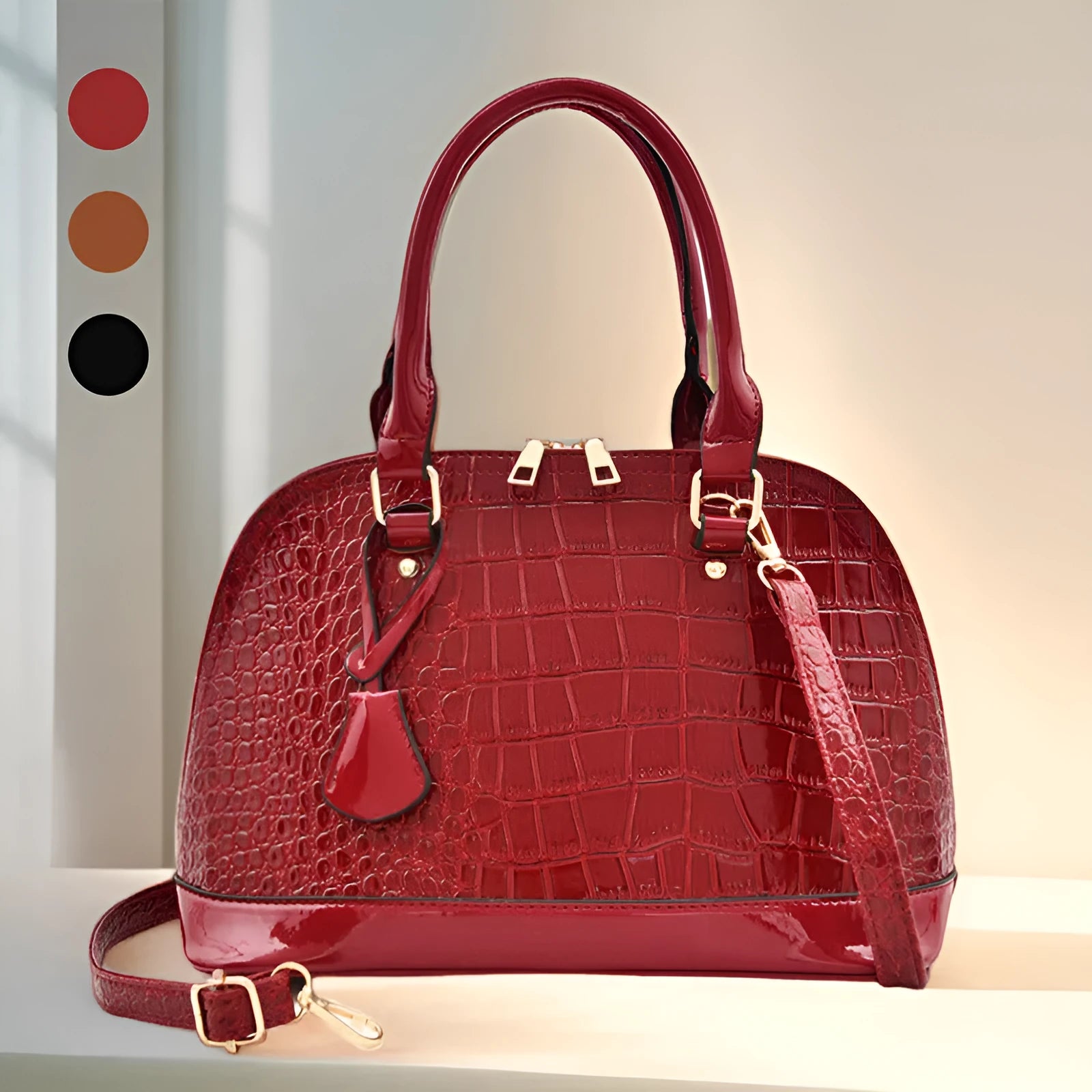 Large shiny black PU leather crossbody bag with shell shape and adjustable strap