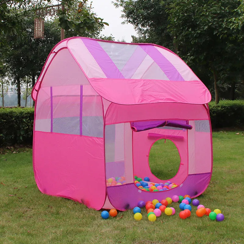 Blue outdoor children's play tent 120x120x130cm with roll-up mesh curtain in garden setting