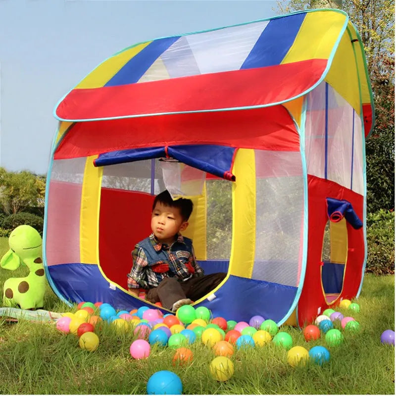 Blue outdoor children's play tent 120x120x130cm with roll-up mesh curtain in garden setting