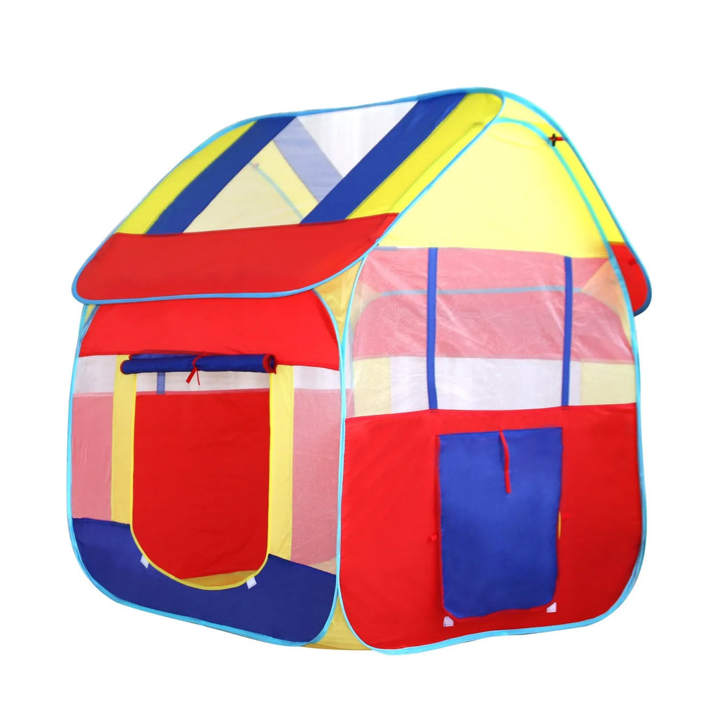Blue outdoor children's play tent 120x120x130cm with roll-up mesh curtain in garden setting