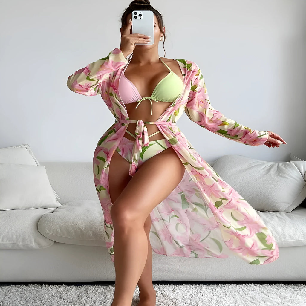 Women's printed bikini swimsuit in European and American style made from quick-dry polyester.
