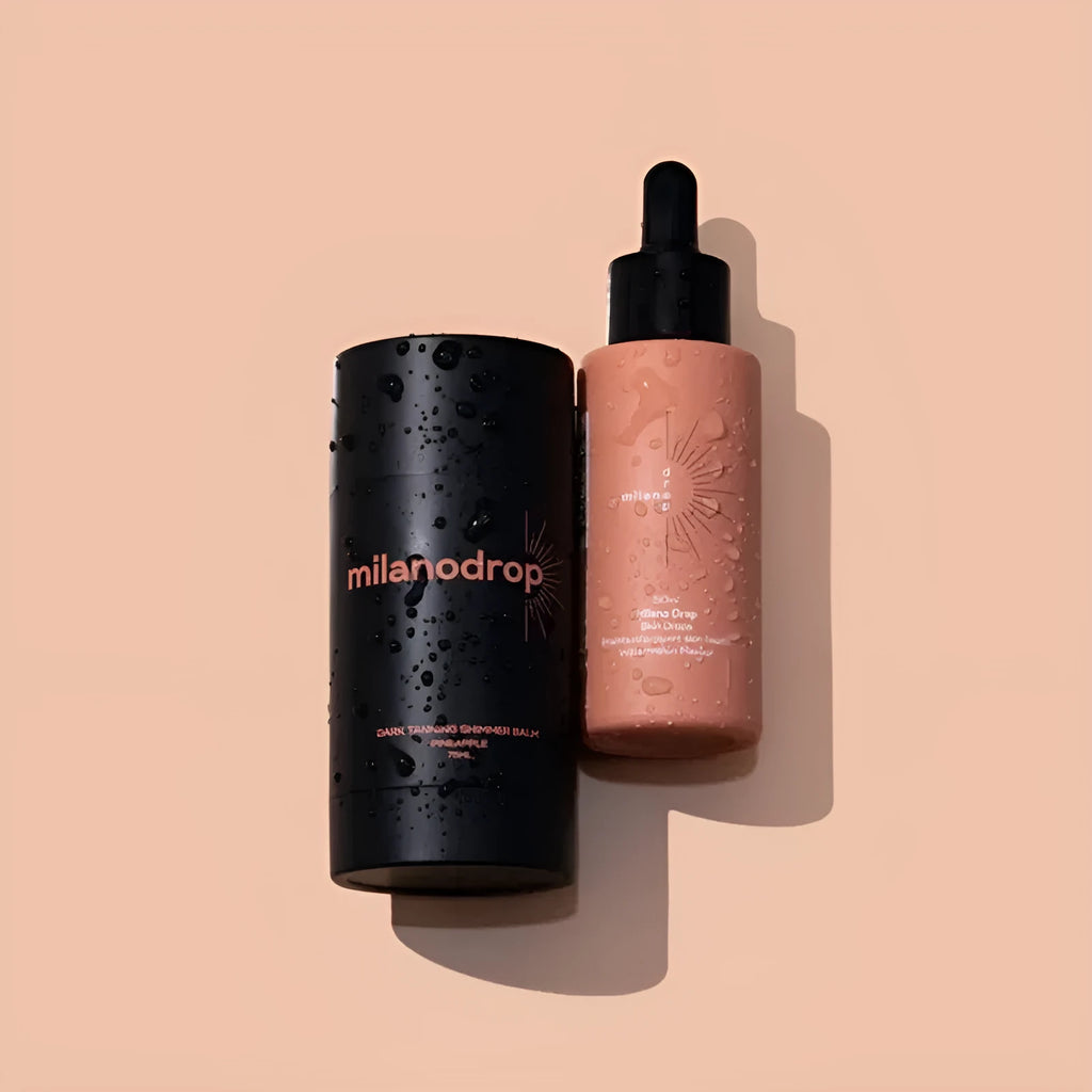 Matte Sun Tanning Black Liquid kit showing 50ml tanning drops bottle and 75ml flash cream tube