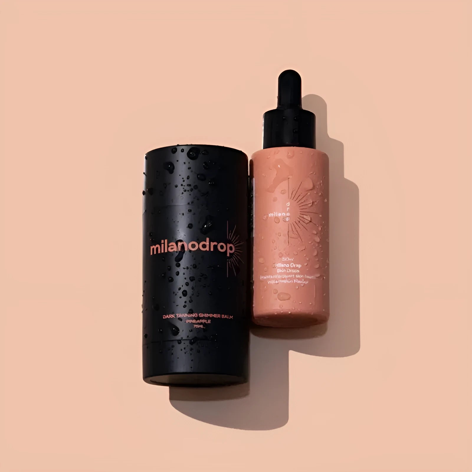 Matte Sun Tanning Black Liquid kit showing 50ml tanning drops bottle and 75ml flash cream tube