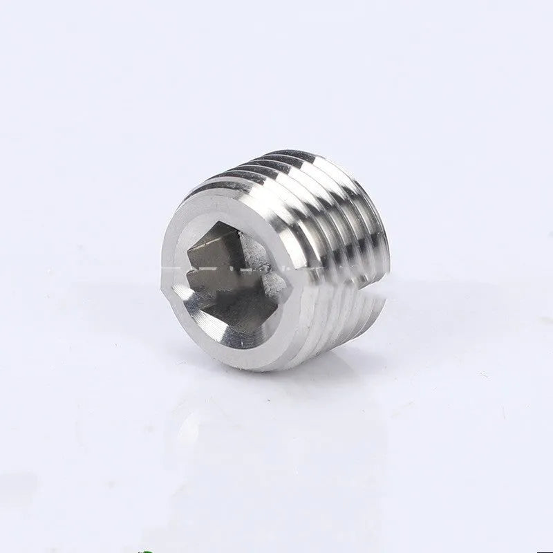 Stainless steel hexagon plug for 3/8 inch pipe bulkhead fitting on a white background