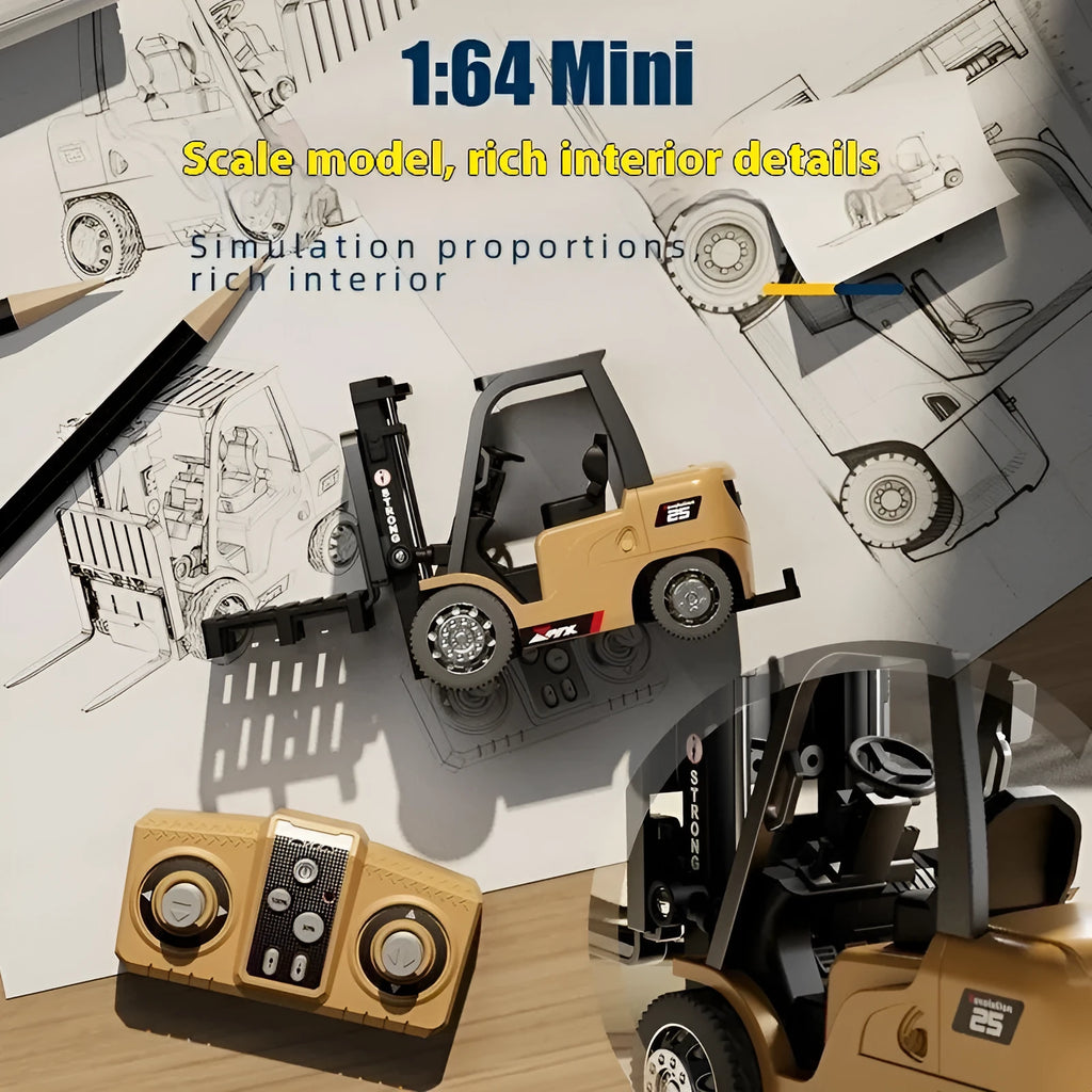 Blue alloy remote control forklift toy on wooden pallet with cargo accessories