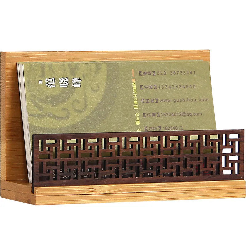 Geometric business card case in bamboo and black walnut wood with 80-card capacity