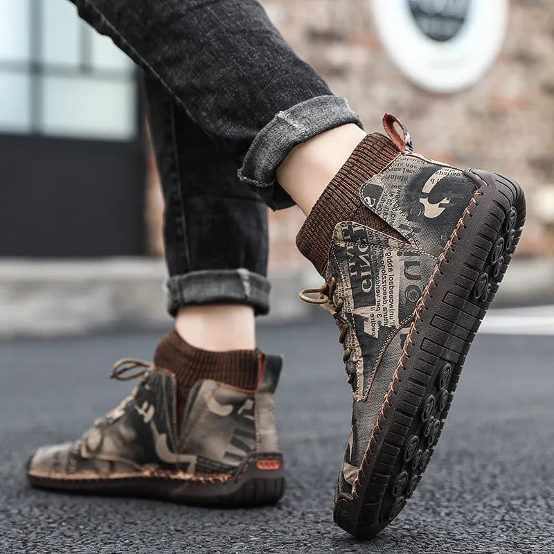 Pair of men's black socks high-top shoes with hand-painted cloth upper and rubber sole for casual winter wear