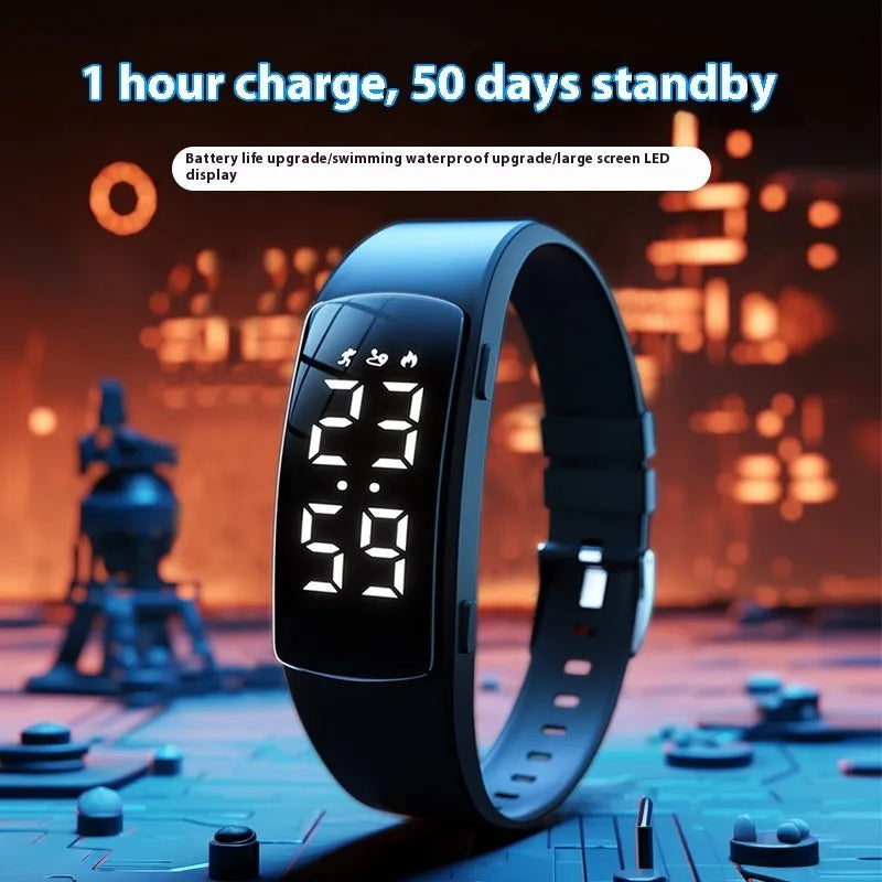 Smart electronic watch with colour options on a silicone strap, showing its LED display and slim profile.