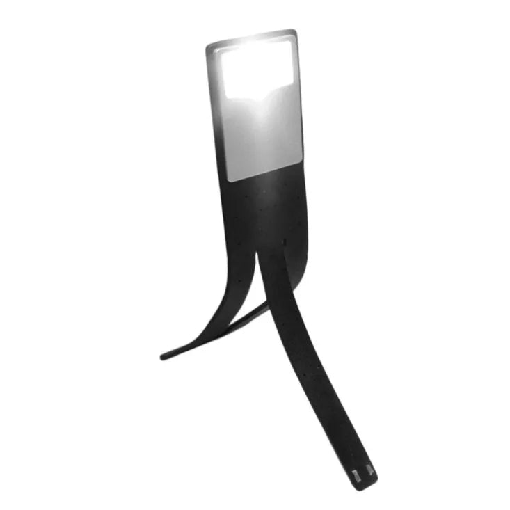 Black folding USB rechargeable LED reading light showing adjustable brightness settings