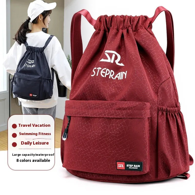 Solid colour drawstring backpack in Oxford cloth with water pillow belt system showing large and small size options