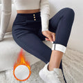 Navy blue women's high-waist straight-leg casual trousers on a hanger