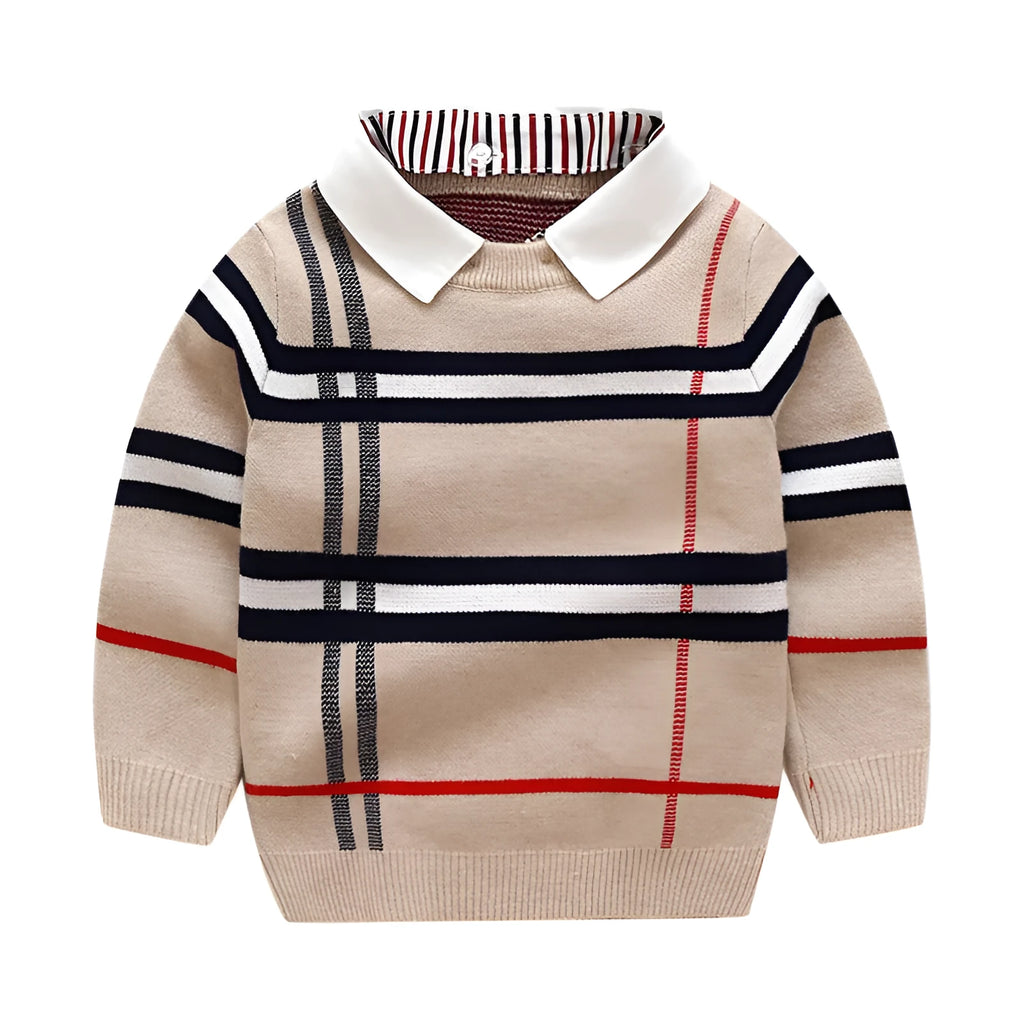 Boys apricot and navy blue plaid jacquard knit sweater with long sleeves on hanger.