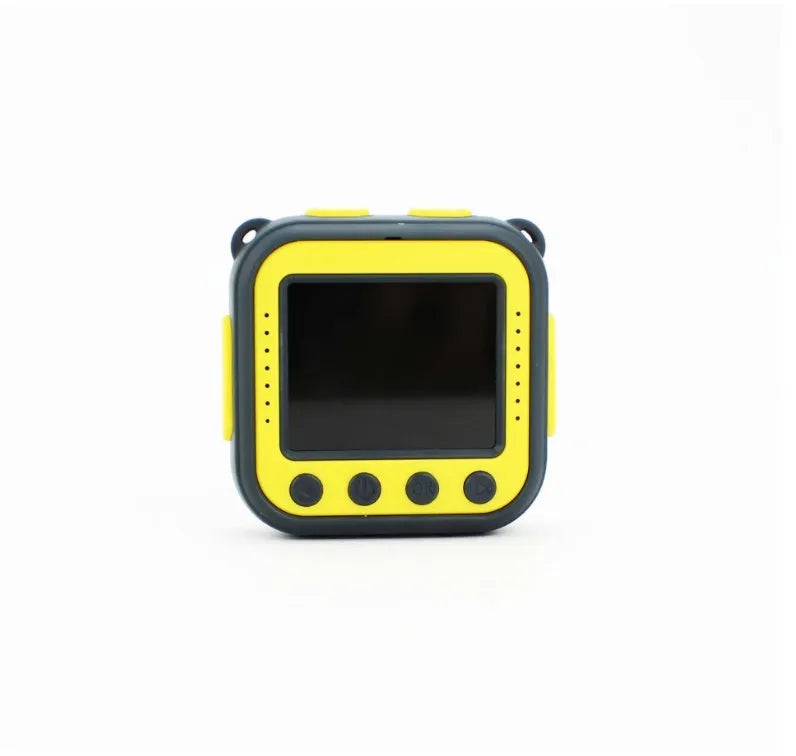 Yellow children's waterproof sports camera showing front with lens and 1.77-inch LCD screen