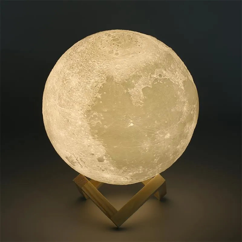 3D printed moon lamp showing detailed craters, with a touch metal ring at base for colour changing and dimming control.