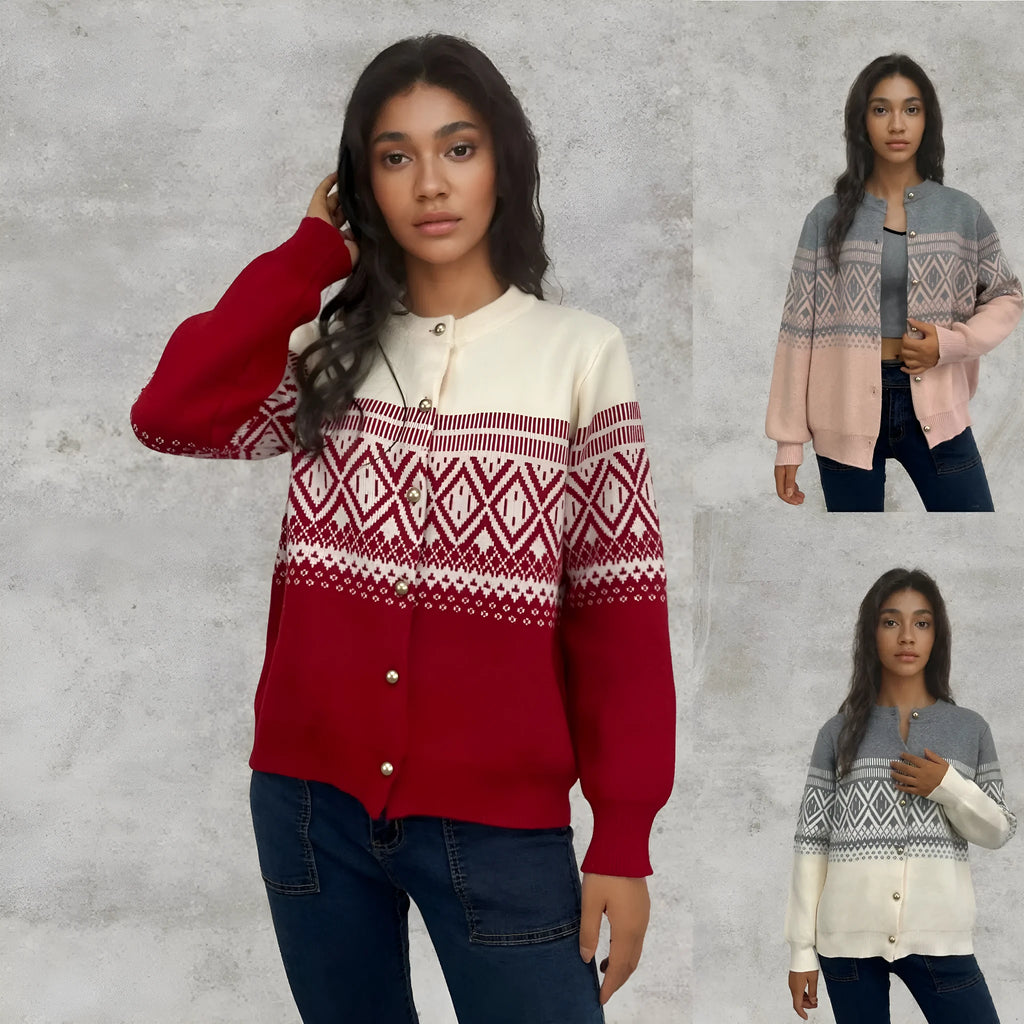 Women's grey alpaca wool cardigan with pink and white diamond pattern and long sleeves