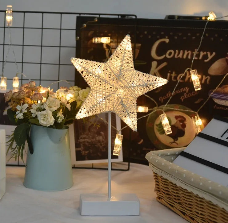 Rattan and copper wire LED star lamp, heart lamp, and moon lamp for bedroom decoration