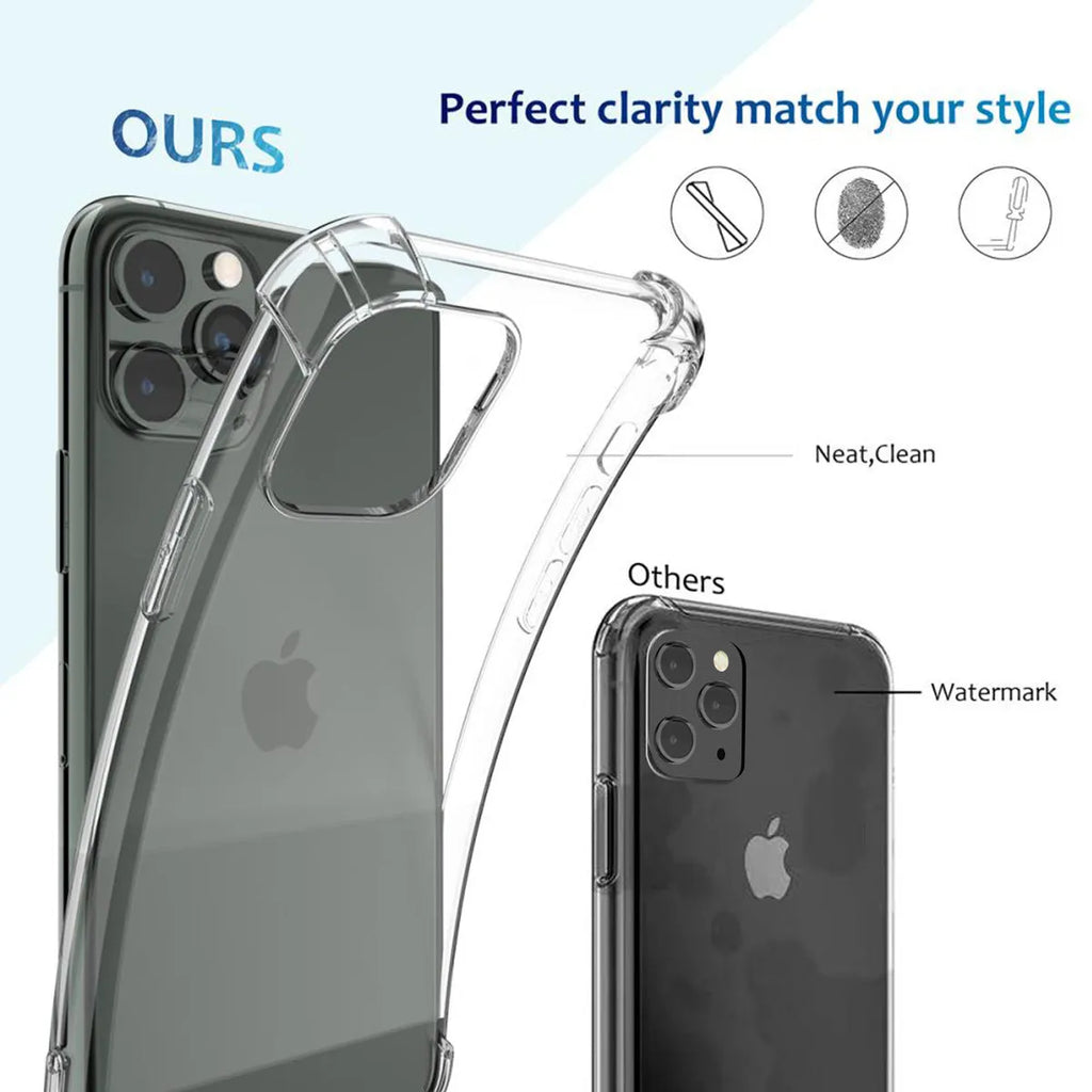 Clear transparent TPU shockproof phone case for Apple iPhone.