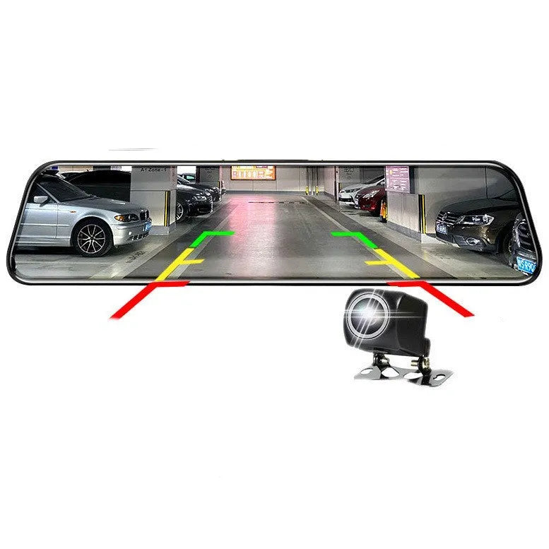 10-inch full screen car dash cam with front and rear cameras on a car windscreen