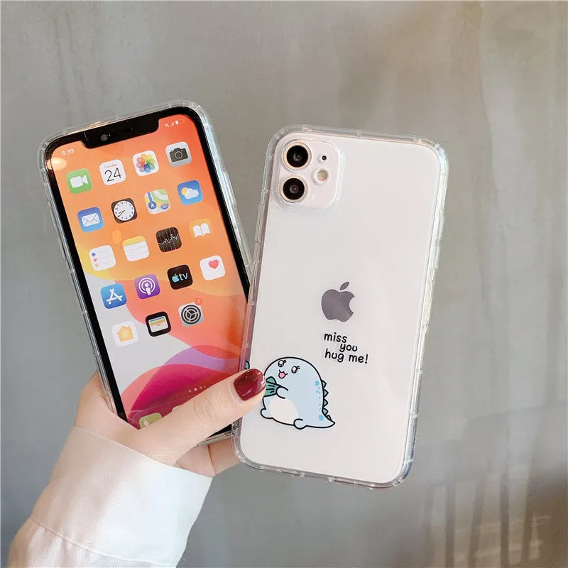 Transparent iPhone case with green dinosaur design and airbag anti-fall protection