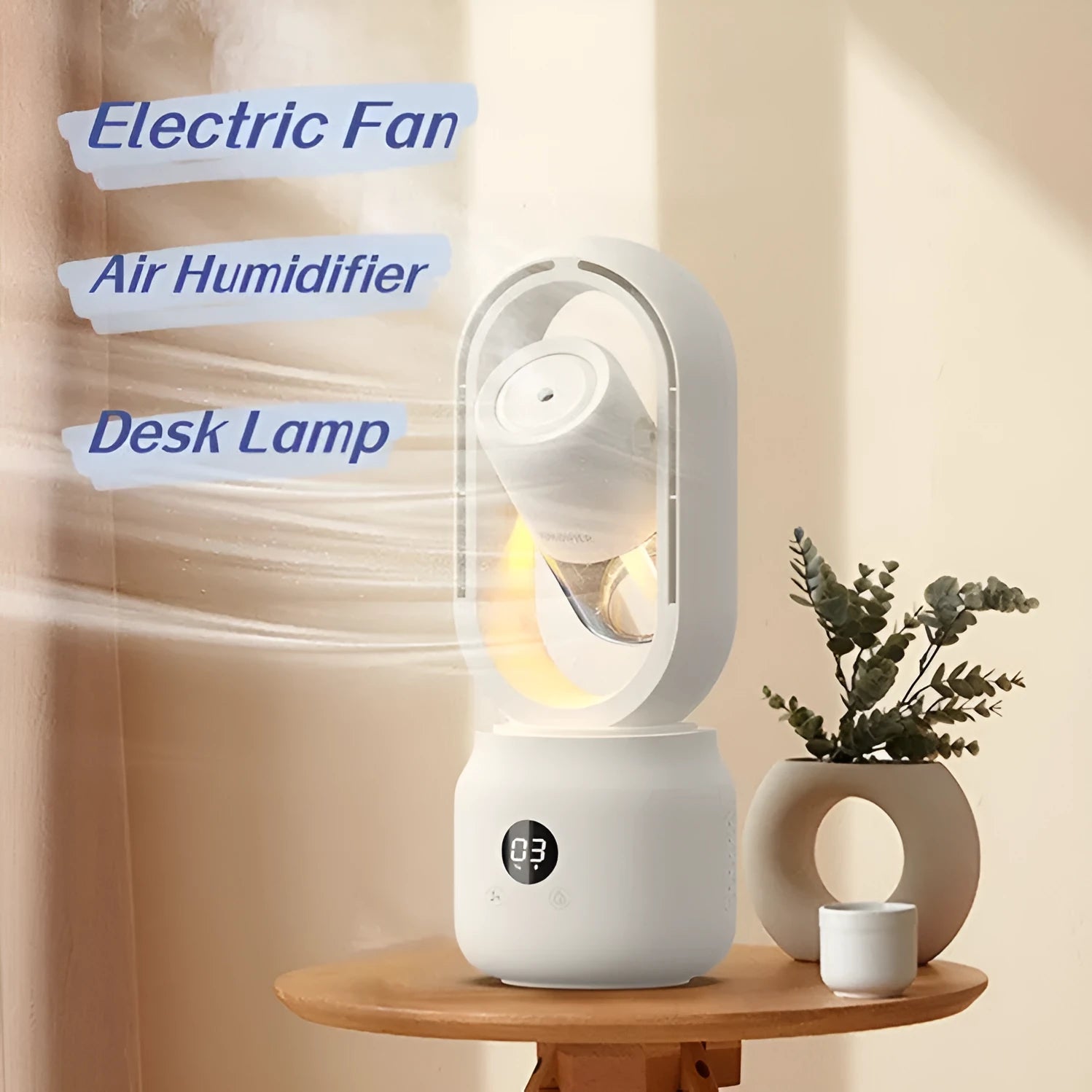 White bladeless table fan with humidifier mist spray and USB rechargeable battery on wooden desk